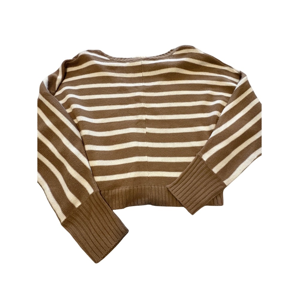 (CL) Derek Heart Brown White Striped V-Neck Cropped Dolman Sleeve Sweater Medium - Picture 5 of 6